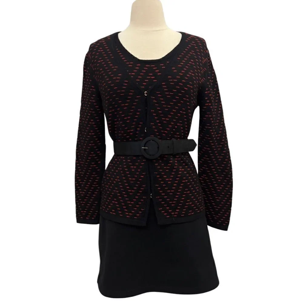 Lux Les Copains 2 Piece Textured Red Black Wool Cardigan and Sleeveless Blouse